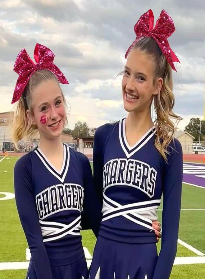 CN 7" Glitter Cheer Hair Bows for Cheerleader Hot Pink Large Ponytail Holder Elastic Band Handmade for Cheerleading Teen Women Girls College Sports 1pcs - Image 2